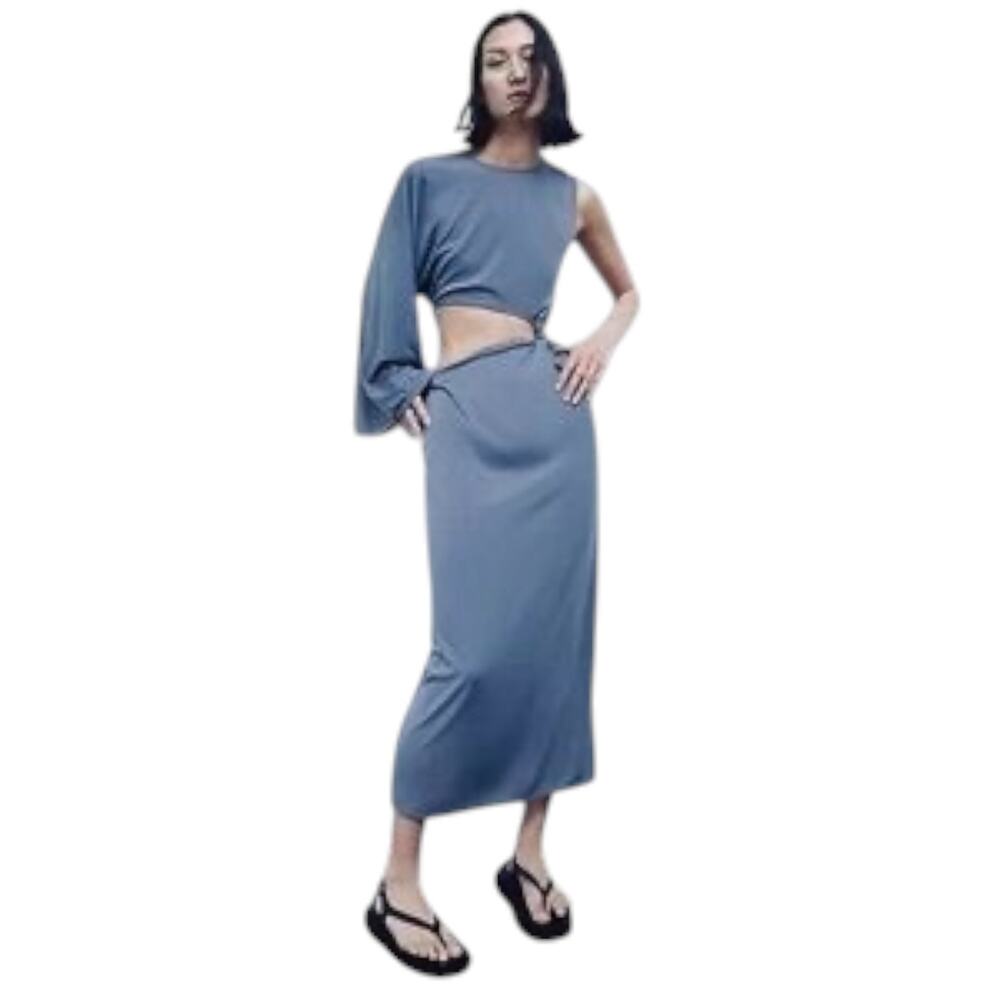 ZARA One-Shoulder Waist Cut Out Midi Dress Slate Blue NWT Size L Boho Chic